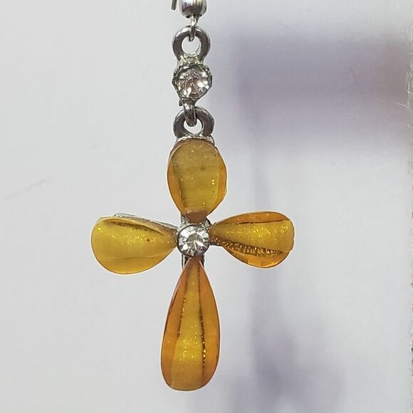 RESIN & CRYSTAL French Hook Religious Cross Earrings - Picture 2 of 5